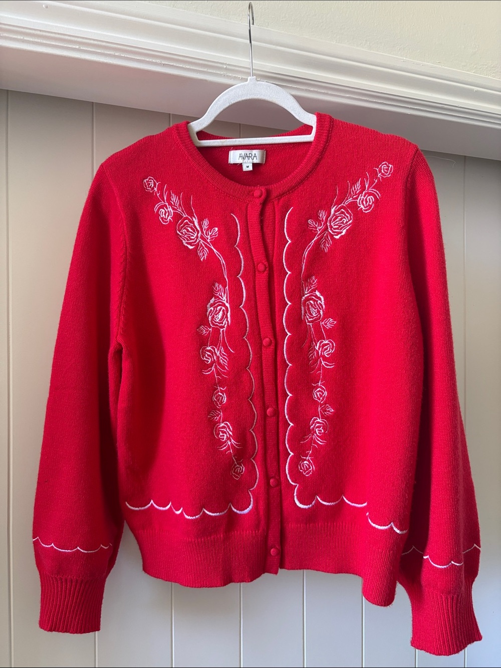 Avara Brand Red Embroidered Button-Front Sweater Cardigan